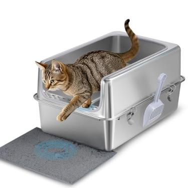 Imagem de Aothey Caixa de areia de aço inoxidável com tampa de metal e colher - Caixa de areia de metal fechada para gatos grandes, resistente à ferrugem, controle de odor, fácil de limpar, durável e de longa