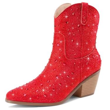 Imagem de RONILURN Botas femininas caubói cowgirl strass cano médio botas ocidentais brilhantes glitter bico fino salto grosso sem cadarço, Tornozeleira vermelha e vermelha, 41