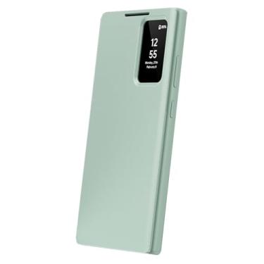 Imagem de HAO RIYLN Capa de couro flip para Samsung Galaxy S25 Ultra/S25 Plus/S25, capa inteligente de visualização de tela pequena com compartimento para cartão, capa à prova de choque, verde, S25plus