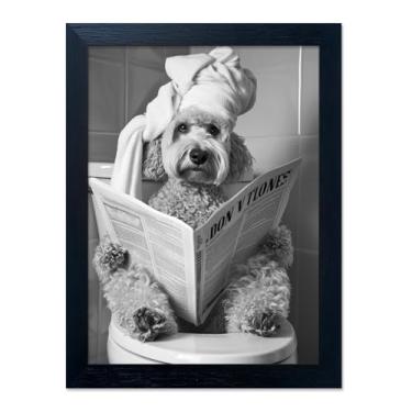 Imagem de Decoração de banheiro engraçada arte de parede cachorro humorístico sentado no banheiro lendo jornal impressão em tela preto e branco pequena pintura emoldurada para decoração de arte de banheiro