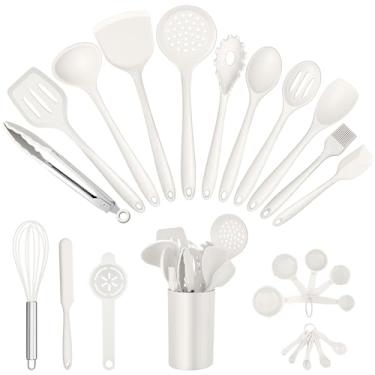Imagem de E-far Conjunto de utensílios de cozinha de silicone, 25 peças com suporte, espátula, espátula, colher, concha para panelas antiaderentes, resistente ao calor e lavável na lava-louças - branco