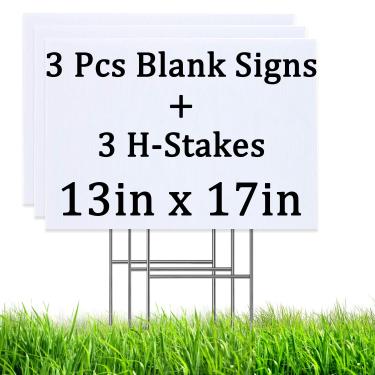 Imagem de 3 pçs placas de quintal em branco com estacas de metal H, 33 x 45 cm placas de gramado de jardim de plástico ondulado branco para feliz aniversário, vendas de garagem ao ar livre, aluguel, construção, graduações, decorações guel