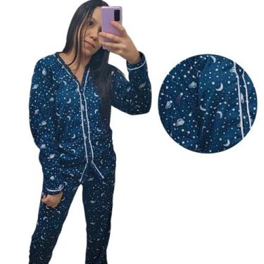 Imagem de Pijama Feminino Aberto Com Botões Estampado Roupa de Dormir Inverno Ma