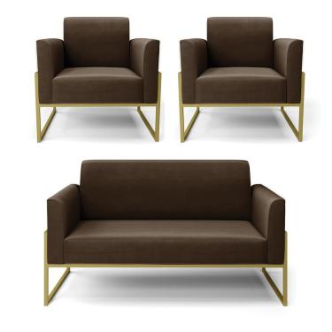 Imagem de Sofá Namoradeira Com 2 Poltronas Base Industrial Alta Dourado Marisa Suede D03 - D\'rossi Cor Marrom