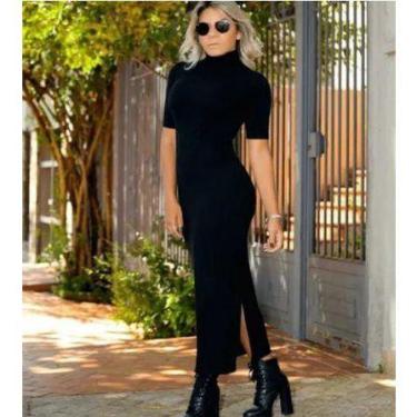 Imagem de Vestido longo gola alta manga curta canelado feminino - Filó Modas