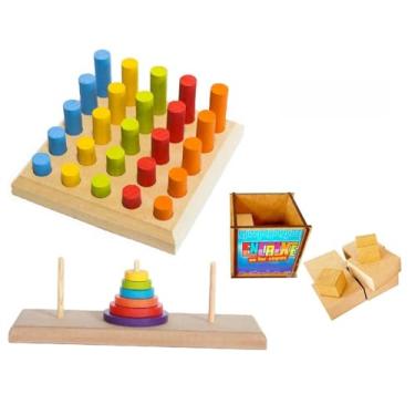 Imagem de Kit 3 Brinquedos TORRE DE HANÓI + PINOS DE ENCAIXE + ENCAIXE SE PUDER em Madeira e EVA