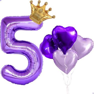 Imagem de Balão grande de coroa roxa número 5 de 101,6 cm para decorações de aniversário de Aphmau, balões de aniversário Mylar Aphmau para meninas, tema roxo, decorações de festa de aniversário, suprimentos