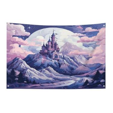 Imagem de Bandeira com quatro furos bandeiras para todos os climas nuvens sobre o castelo bandeira decorativa bandeiras de poliéster adequadas para uso interno e externo 89 x 159 centímetros