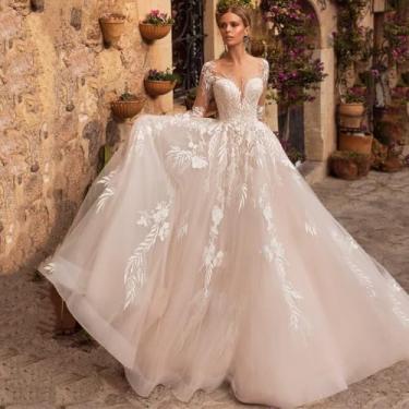 Imagem de Vestido De Noiva De Manga Comprida Noiva Renda Slim Decote Em V Cor Clara Pequeno Cauda Rasteira Transparente Bloqueio Braço Temperamento Feminino, White, 50