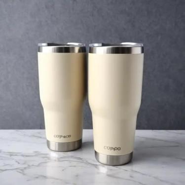 Imagem de Copo Térmico Parede Dupla em Aço Inox Bege 500ml com Canudo - Estilo Liso