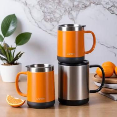 Imagem de Caneca Térmica Parede Dupla em Aço Inox Laranja 600ml com Base Antiderrapante - Estilo Liso