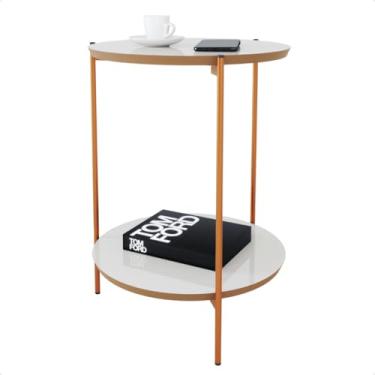 Imagem de mesa de canto Mesa Lateral Redonda Estilo Industrial Pés de Ferro e Tampo MDF Para Sala Canto Sofá e Decoração(Off White e Nature)