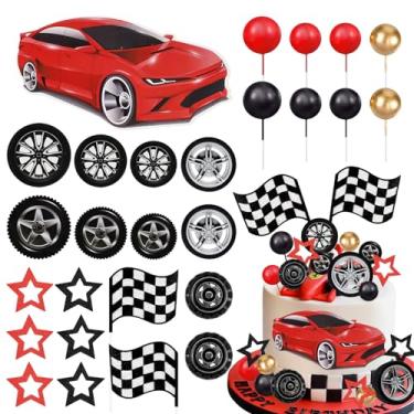 Imagem de MEMOVAN Racing Wheel Cake Topper 27PCS Race Car Cake Toppers Tyre Cake Decorations Checkered Flag Car Cake Cupcake Decoration for Man Boy Kid Racing Car Theme Birthday Supplies