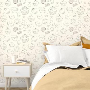 Imagem de Mangoloo Papel de parede Boho Peel and Stick Bege Food Cake Bread Donut Stick no papel de parede para quarto sala de estar com destaque 44,5 x 259,1 cm Papel de contato autoadesivo removível para
