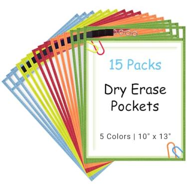 Imagem de Ndsox Pacote com 15 bolsos grandes apagáveis a seco, mangas reutilizáveis, 5 cores sortidas, suportes para bilhetes de trabalho, capas de plástico transparente, protetores de folha de página para