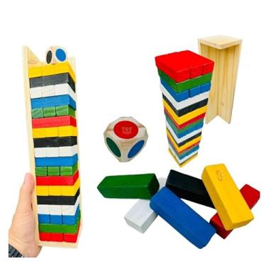 Imagem de Jogo Caiu Perdeu 54 Pçs Madeira Colorida Torre Maluca com Dado, Suporte Jogo de Equilibrio em Madeira com Base e Dado - Brinquedo Toy Trade Educativo Original (Colorido)