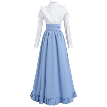 Imagem de CR ROLECOS Vestido vitoriano, fantasia renascentista eduardiana, feminina, medieval, vintage, saia, vestido de baile, dia das bruxas, G, azul claro