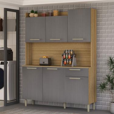Imagem de Armário de Cozinha com Balcão Cataguera 6 Portas 1 Gaveta Freijó/Gris - Panorama Móveis
