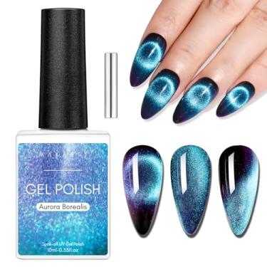 Imagem de Makartt Esmalte de gel olho de gato azul: esmalte de gel com glitter magnético de imersão UV/LED com efeito aurora, brilho de buraco negro de longa duração, vem com bastão magnético, salão de beleza