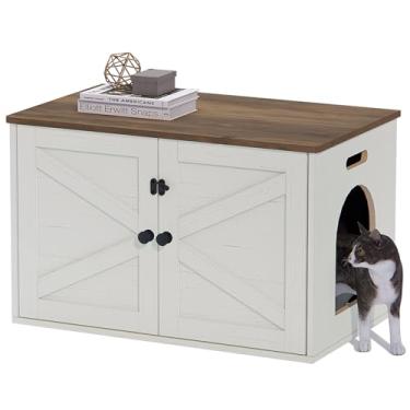 Imagem de Timberer Caixa de areia para gatos, móveis de caixa de areia ocultos com divisor removível, móveis de banheiro de madeira para gatos, casa interna para gatos, marrom e branco rústico