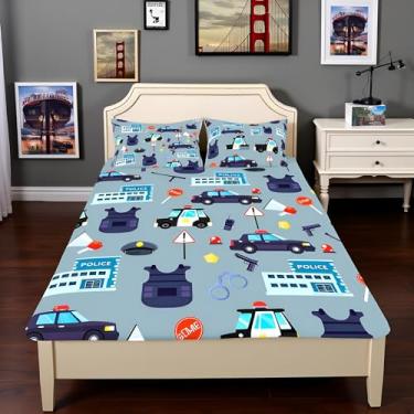 Imagem de Jogo de lençol solteiro com desenho animado de carros de polícia, polícia americana, decoração de quarto de meninas, meninos e homens, capa de cama temática polícia ocidental, azul, 1 fronha