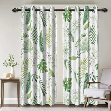 Imagem de Cortinas blecaute verdes para quarto, cortinas de janela boho com estampa de folhas, 203 cm de comprimento, conjunto de 2 painéis, cortinas de janela com isolamento térmico com redução de ruído para