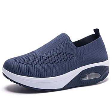 Imagem de EnllerviiD Tênis de caminhada feminino plataforma de malha respirável slip on casual de malha com almofada de ar, 2266 azul, 6