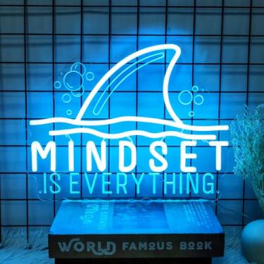 Imagem de Housignz Mindset is Everything Placa neon decoração de arte de parede, sinal de luz neon motivacional inspirador tubarão, azul gelo, luz LED regulável, presentes para decoração de parede de quarto