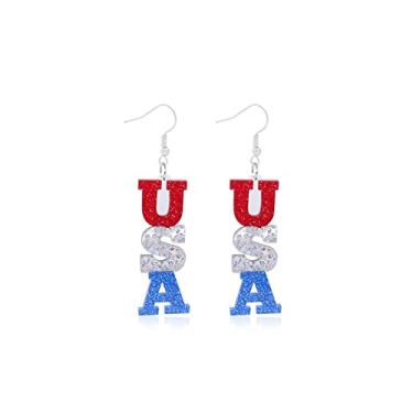 Imagem de Brincos patrióticos de 4 de julho com bandeira americana, vermelho, branco e azul, brincos pendentes de dia da independência para mulheres e meninas, Acrílico, Sem pedra preciosa