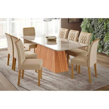 Imagem de Conjunto: Mesa Sala Jantar Helena Tampo Madeirado c/ Vidro 210x100cm e 8 Cadeiras Juliana Cinamomo/Off White - Carvalho/Suede Nude Bege - Cimol