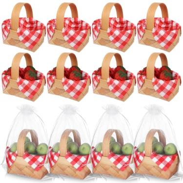 Imagem de Conjunto de 12 mini cestas de tecido com alças pequenas cesta de piquenique em massa, guardanapos de papel, bolsas de organza, mini cesta de vime para lembrancinhas de festa de casamento, enfeites de