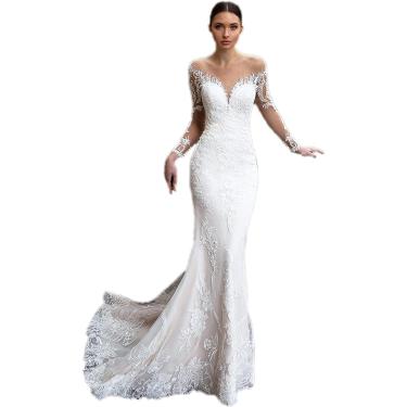 Imagem de Vestido De Noiva Feminino Formal Renda Bodycon Maxi Vestido De Baile Sereia Vestido De Noite Elegante Vestido De Noiva Sem Costas Decote V, White, 6XL