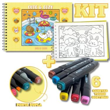 Imagem de KIT com Livro de Colorir Cute e Cozy - AMARELO + 6 Canetas Touch Ponta