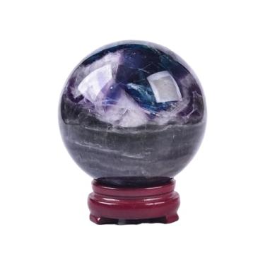 Imagem de JIC Gem Esfera de cristal fluorita colorida natural com suporte de madeira, esfera decorativa de cristal fluorita para meditação, Feng Shui, decoração estilo bruxa, mesa 80-90 mm
