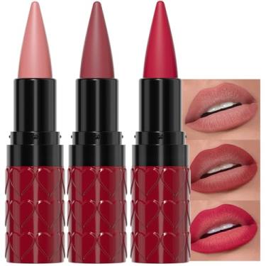 Imagem de 3 peças de lápis de delineador labial fosco gradiente, forma de giz de cera e ponta de cone, conjunto 2 em 1 de delineador labial e batom para alcançar um contorno impecável, lápis labial com efeito