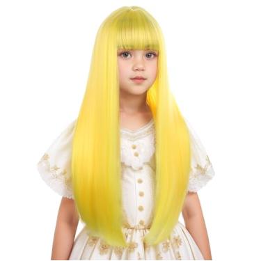 Imagem de Edivd Peruca amarela para crianças, meninas, longa, amarelo-claro, com franja de ar, perucas sintéticas resistentes ao calor com touca