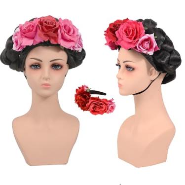 Imagem de abouder Peruca de artista mexicano trançado floral updo bun peruca preta trançada coroa de flores cabelo de fibra macia sintética para mulheres, festa de cosplay de Halloween