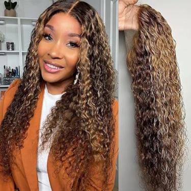 Imagem de Derun Peruca Highlight Ombre Curly 13×4 Lace Front Wigs Cabelo Humano Densidade 150% Cabelo Remy Marrom para Mulheres (45 cm)