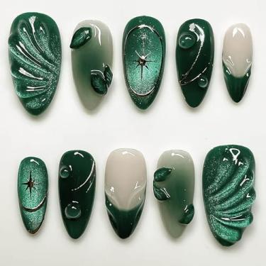 Imagem de RUOKEXIN Unhas postiças verdes 3D de amêndoa, unhas postiças feitas à mão com designs de comprimento médio, cola nas unhas, prensas, unhas artificiais brilhantes, unhas fofas para mulheres, 24 peças