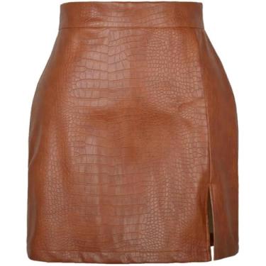 Imagem de Saia Feminina De Pu Cintura Alta Fenda Pu Mini Saia Lápis Clássico Slim Fit, Brown, XL