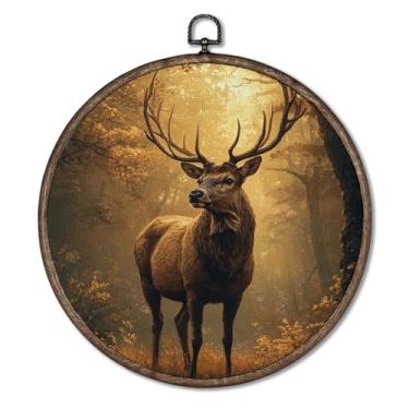 Imagem de Giosve Pôster emoldurado vintage rústico de rena de outono em tela emoldurada, paisagem de floresta de outono cottagecore esculturas de parede penduradas em animais para decoração de casa, quarto