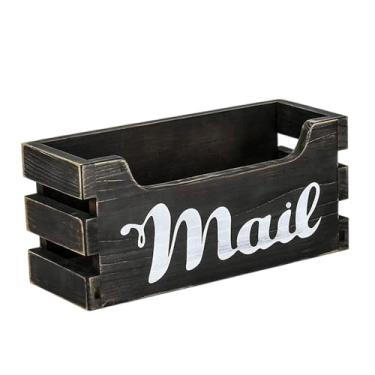 Imagem de Fenteer Organizador de correspondência de madeira, porta-cartas, montado na parede, multiuso, decorativo, rústico, para, bandeja de correspondência, Preto