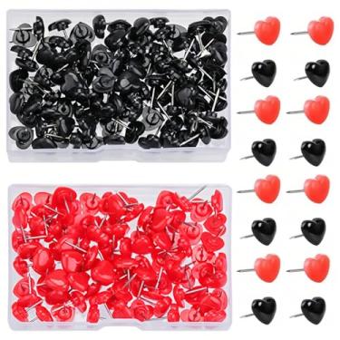 Imagem de Pinos de pressão de coração de plástico para quadros de mensagens, pacote com 100, cabeça de alfinete vermelha e preta, tachas de mapa de agulha de metal, pinos indicadores de localização de viagem