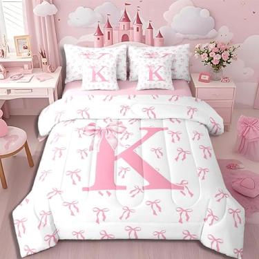 Imagem de Erosebridal Conjunto de edredom infantil com estampa de princesa com monograma completo, 7 peças, para crianças, mulheres, letra, coquete, laço em uma bolsa, moderno, alfabeto, estético, conjunto de