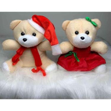 Imagem de Conjunto de 2 Ursinhos de Pelúcia Natalinos, 20cm, Creme e Vermelho, Decoração de Natal
