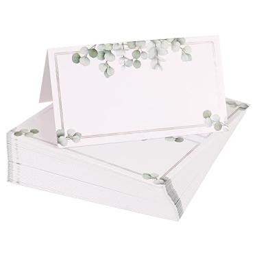 Imagem de BUNCHBRAVO Cartões Greenery Leaves Place, pacote com 50, cartões de barraca de papel de eucalipto com moldura dourada para casamento, chás de banho, festas, banquetes