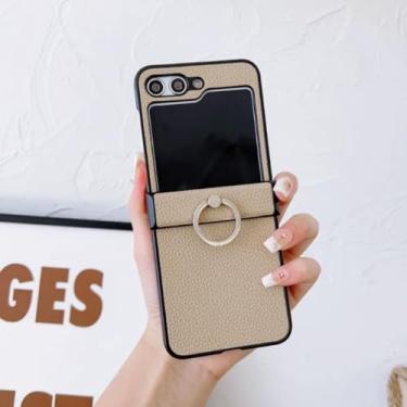 Imagem de Capa de couro para celular Samsung Galaxy Z Flip 6 5 4 3 Flip6 Flip5 Flip4 Flip3 5g com suporte de anel e capa à prova de choque (para Galaxy Z Flip6/bege)