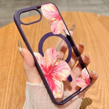 Imagem de HYUEKOKO Capa magnética para iPhone 16e [compatível com MagSafe] Linda estampa de flor de hibisco moderna para o verão havaiano, capa protetora translúcida à prova de choque para meninas e mulheres