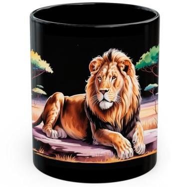 Imagem de Caneca de café de cerâmica leão 325 ml King of Jungle - Caneca de chá e café com aderência confortável - Copo de presente divertido exclusivo para escritório ou casa - Impressão vibrante de longa