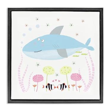 Imagem de Stupell Industries Arte de parede em tela flutuante com moldura preta Baby Shark & Flowers, design de Carla Daly, 45,7 x 45,7 cm